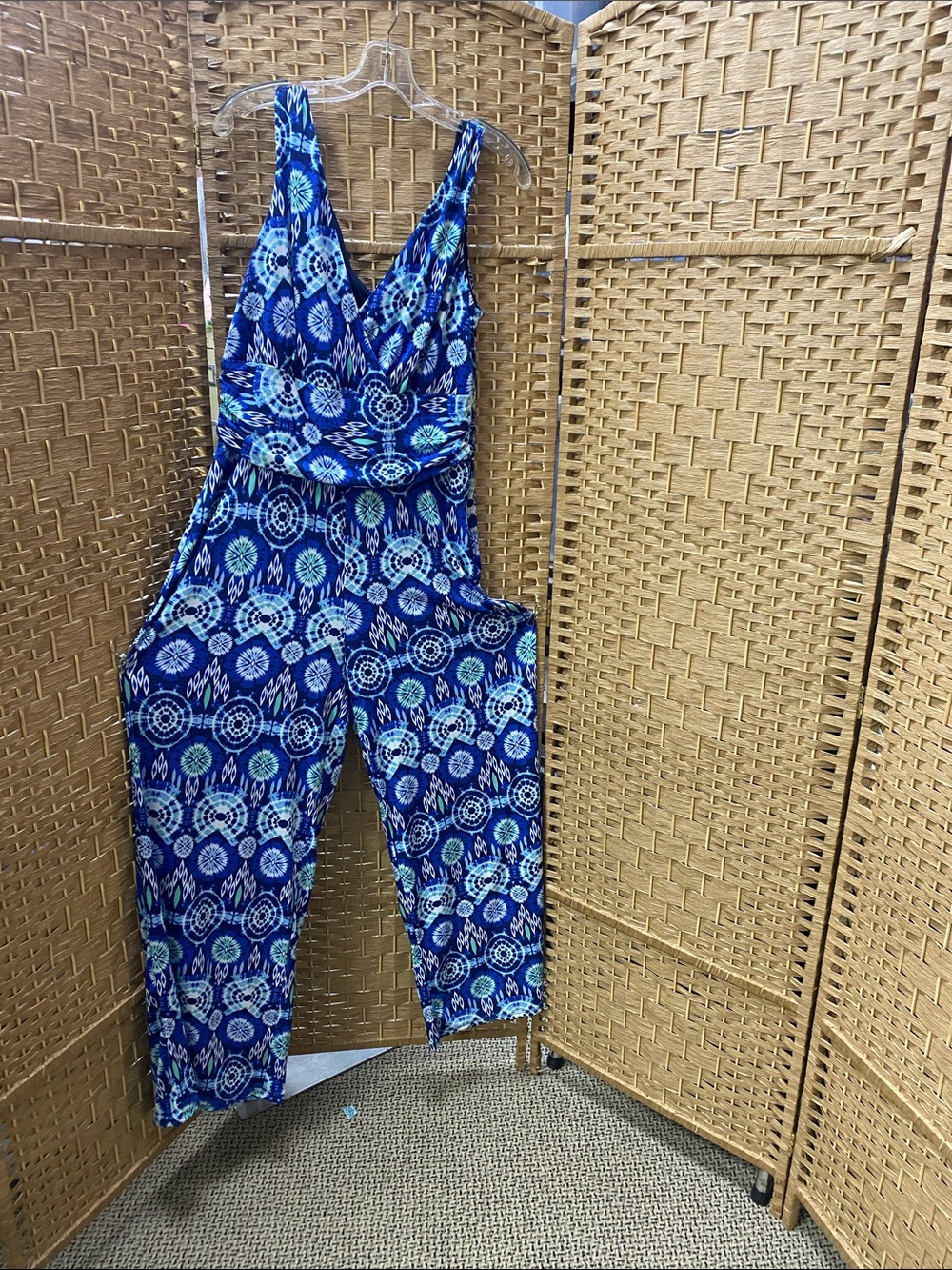 Sleeveless Blue Printed Wrap-Front Jumpsuit